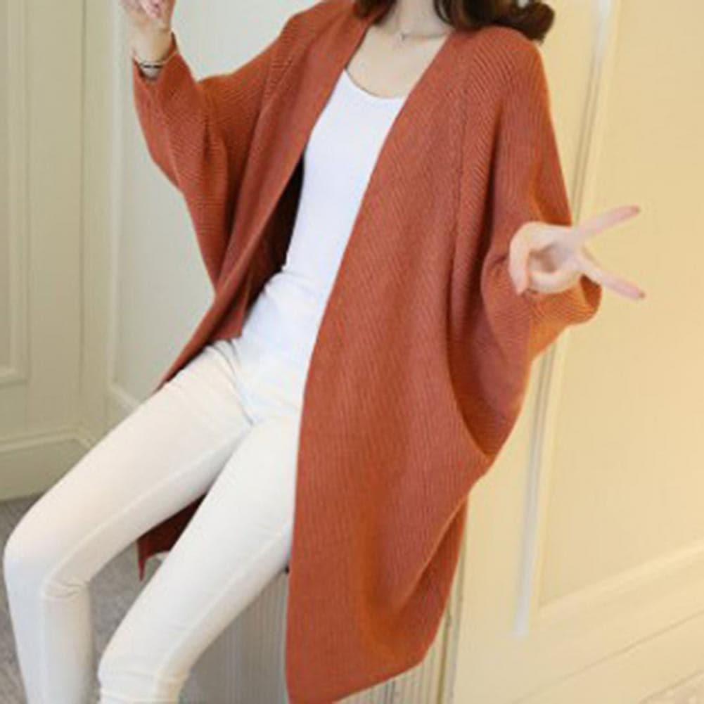 WW | Lange Strickjacke Weiches Strickmaterial Offene Vorderseite Lockerer Schnitt Mit Taschen
