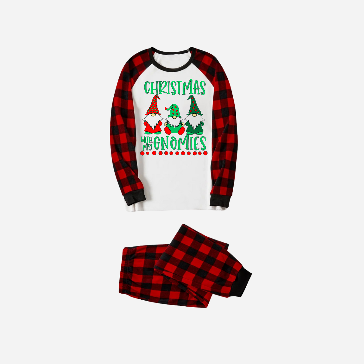 WW | Rote und schwarze karierte Weihnachts-Pyjamas mit "Christmas With My Gnomies" Textdruck
