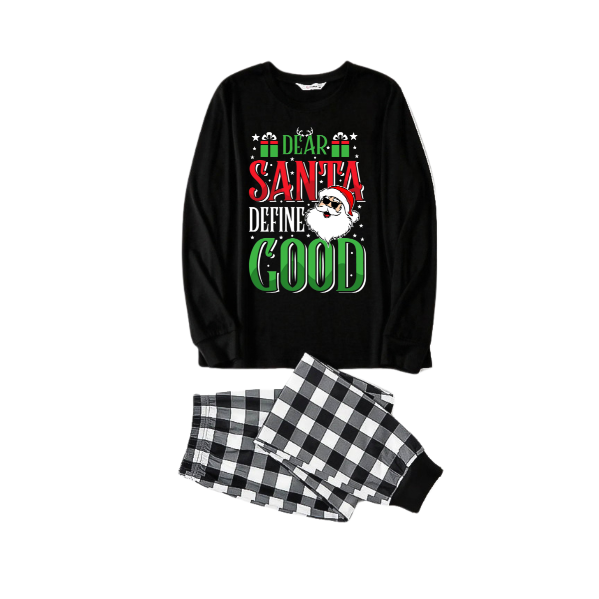 WW | "Dear Santa, define good" Slogan Printed Black and White Plaid Pants Family Matching Pajamas
