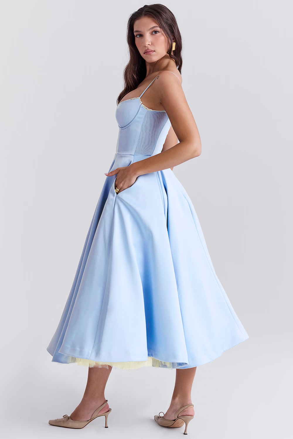 WW | A-linie Midi Kleid Spaghetti Träger Spitzen Detail Elegante Formelle Kleidung