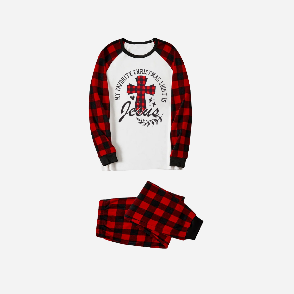 WW | My Favorite Christmas Light Is Jesus Family Christmas Pajama Set - White Top with Red Plaid Sleeves and Red Plaid Pants