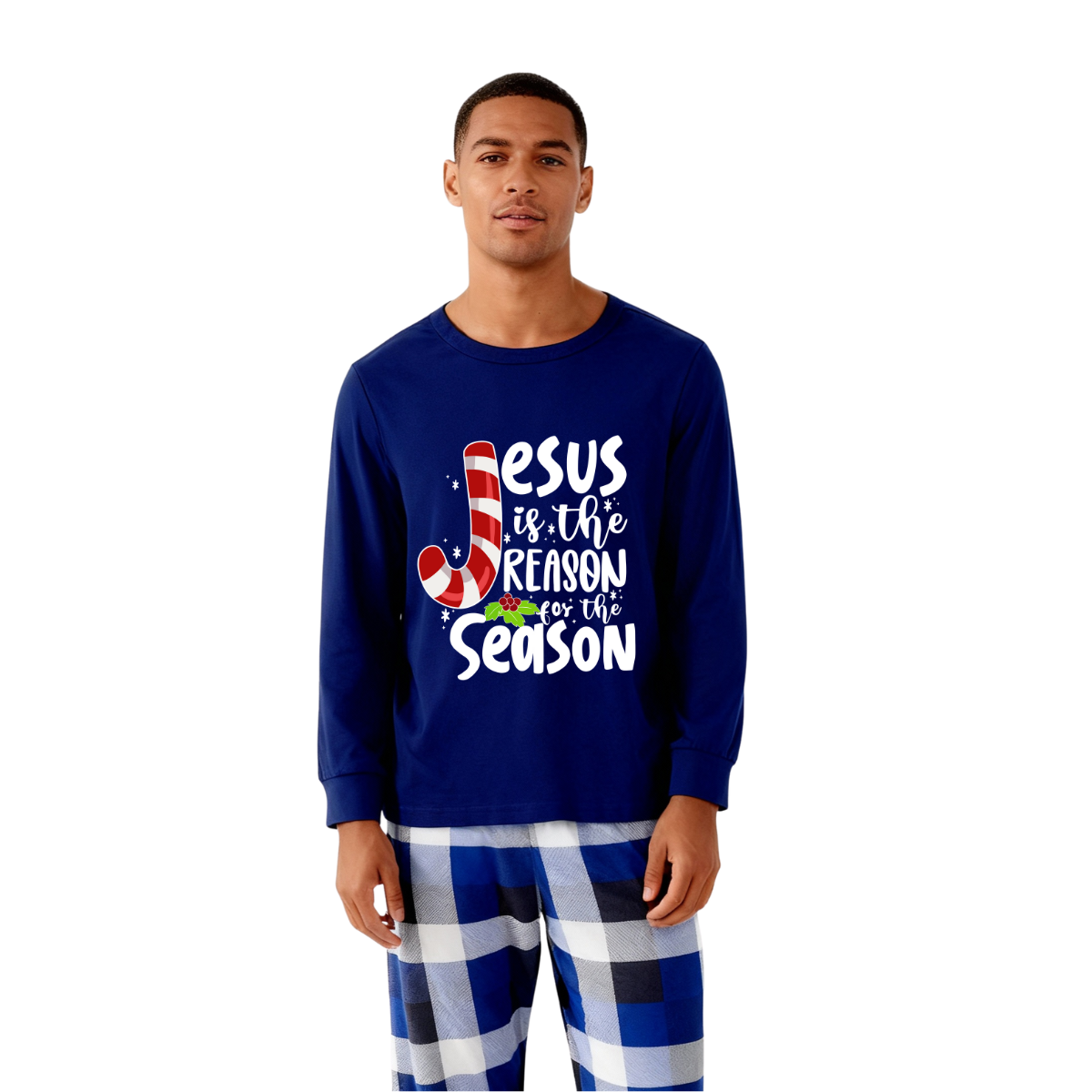 WW | Weihnachten Jesus Weiße Buchstaben Druck Kontrast Blau Langarm-Shirt mit Blau und Weißen Karotten Hosen Familie Übereinstimmende Pyjamas