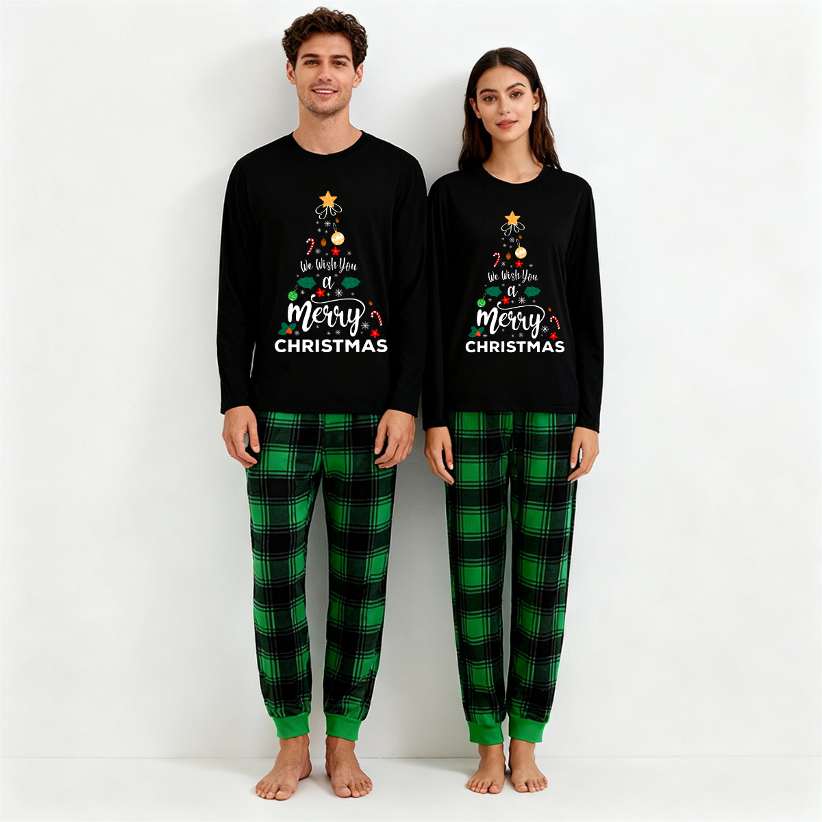 WW | "We wish you a Merry Christmas" Printed Pattern Black Long Sleeve Top with Black and Green Plaid Pants Family Matching Pajamas