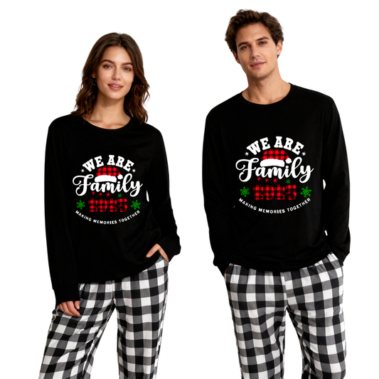 WW | "We Are Family 2025" Santa Hat Monogram Print Black Long Sleeve Top with Black and White Plaid Pants Family Matching Pajamas