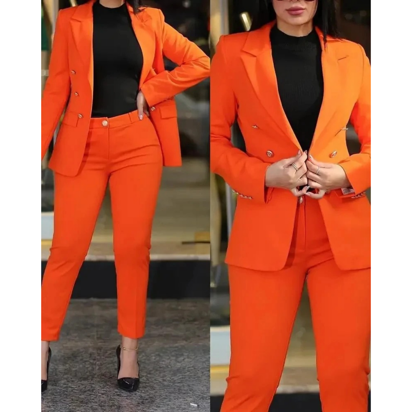 WW | Doppelknopf Blazer & Hosen Satz Mit Taschen Für Frauen