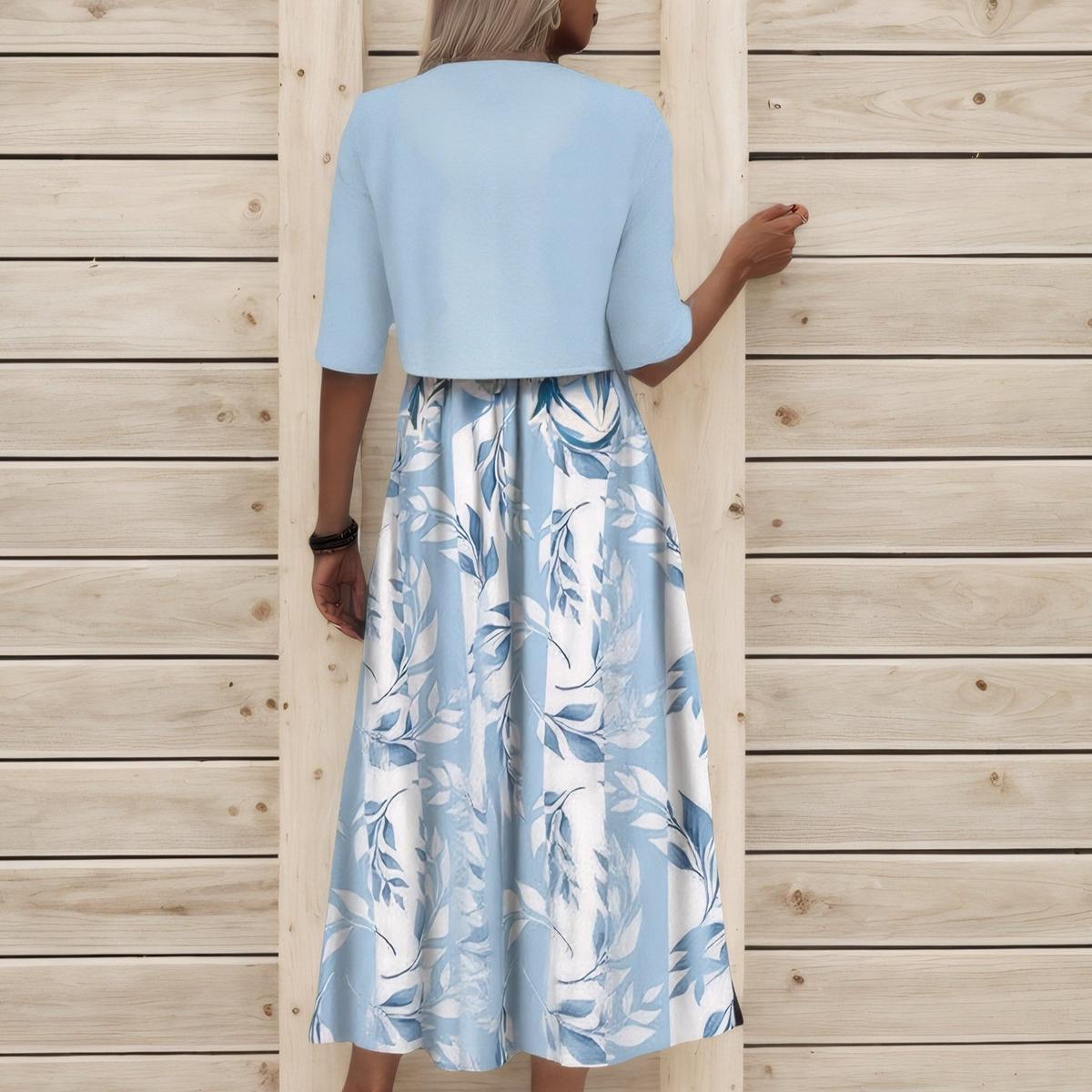Unique midi dress with blue botanical pattern and jacket