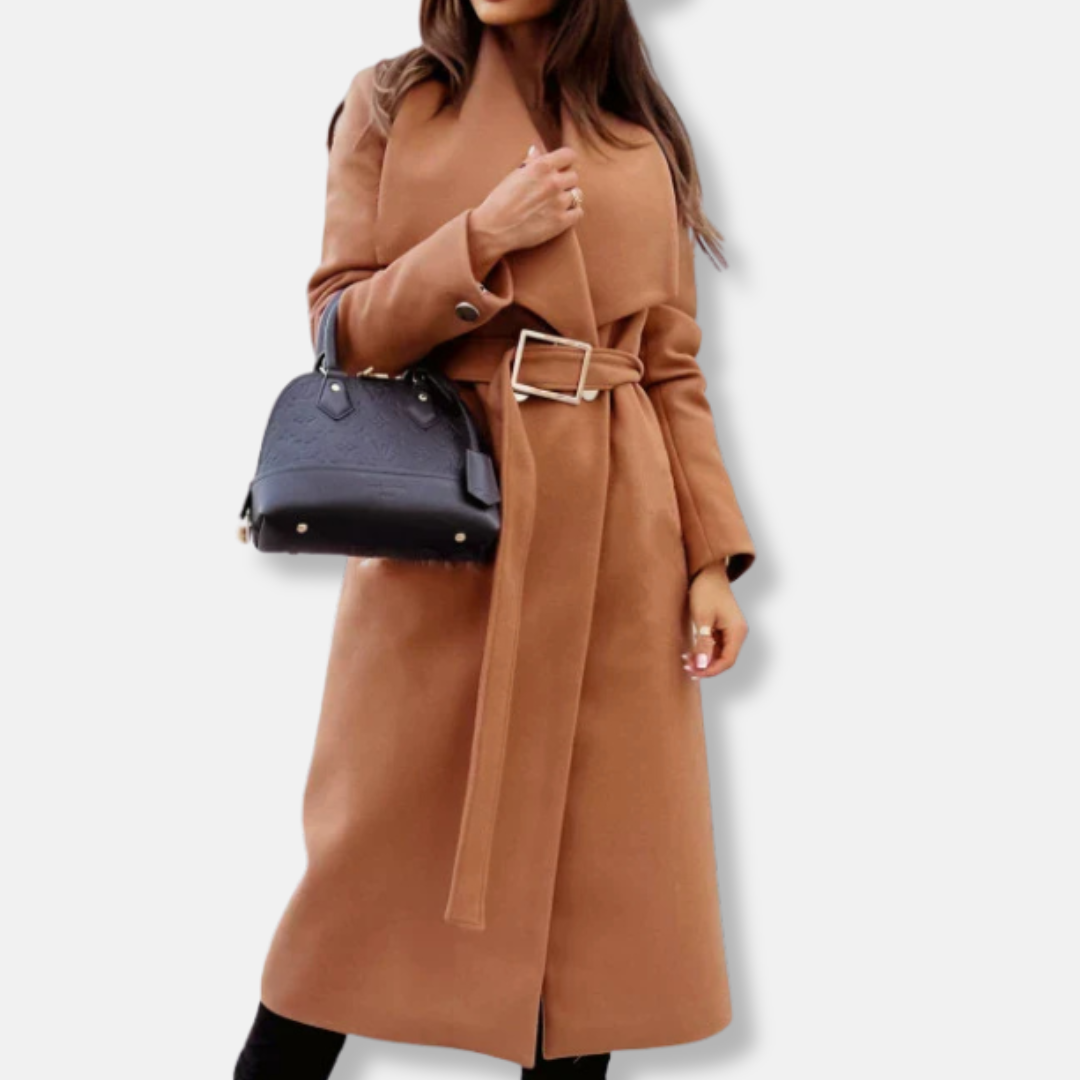 WW | Long coat Casual cut Wool blend Belt Draped lapel Gold-tone buckle closure