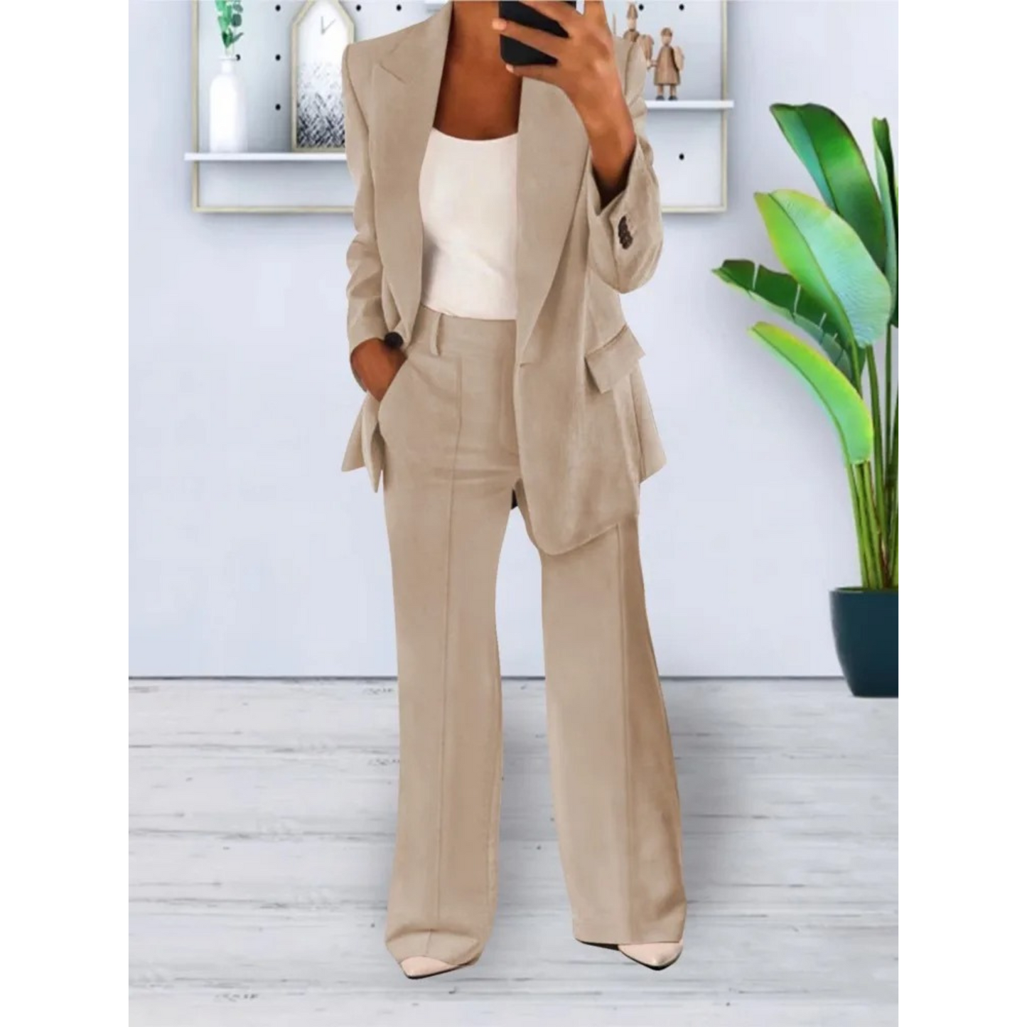 WW | lässige Passform einfarbiger lässiger Taschenblazer und Hosen Set