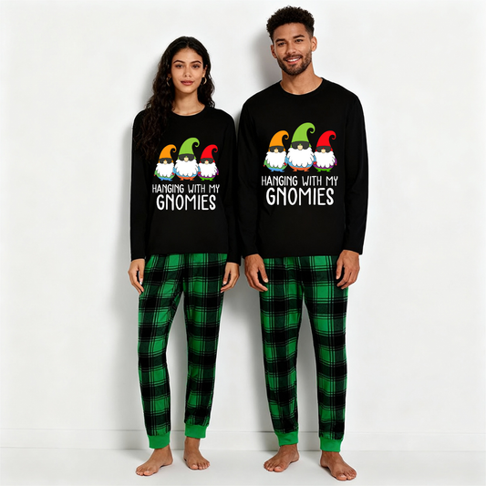 WW | Three Santas "HANGING WITH MY GNOMIES" Monogram Print Black Long Sleeve Top with Vintage Green and Black Large Plaid Family Matching Pajamas