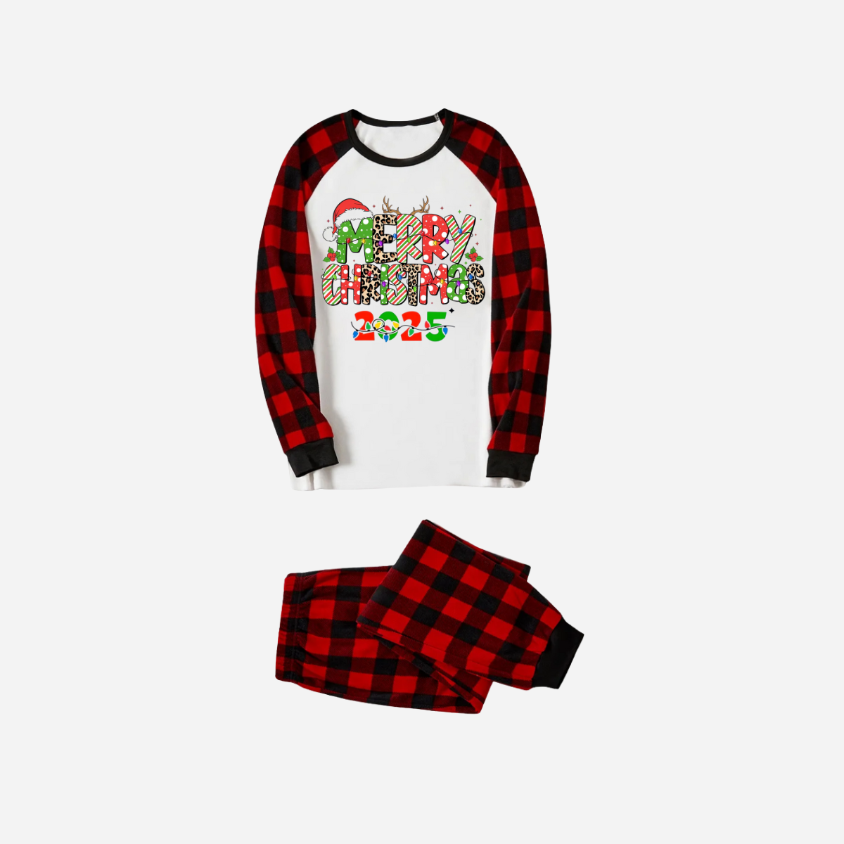 WW | Merry Christmas 2025 Family Christmas Pajama Set - White Top with Red Plaid Sleeves and Red Plaid Pants