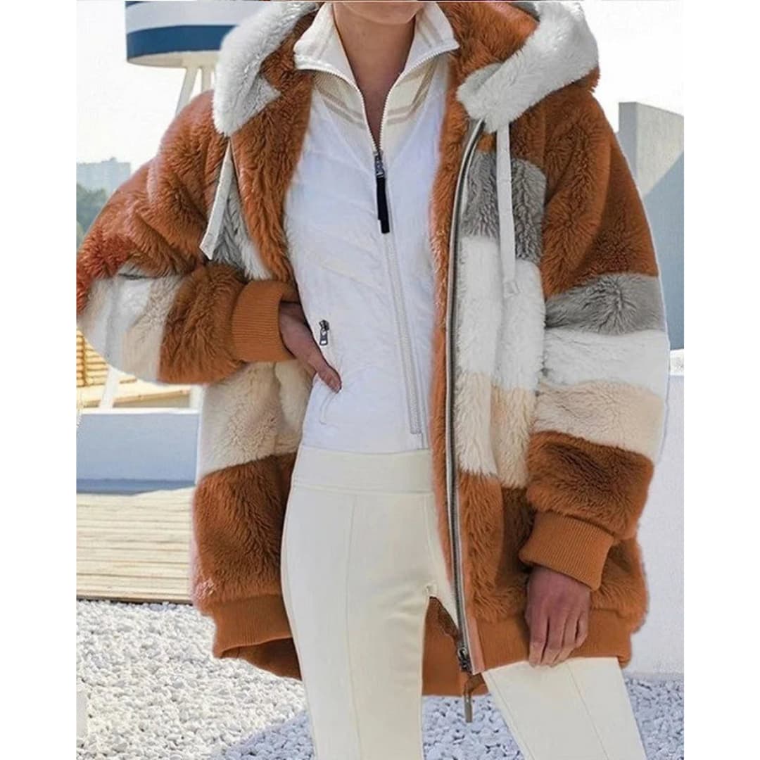 WW | Damen Casual Faux Fur Jacke mit Reißverschlusstaschen Kapuze Herbst Winter
