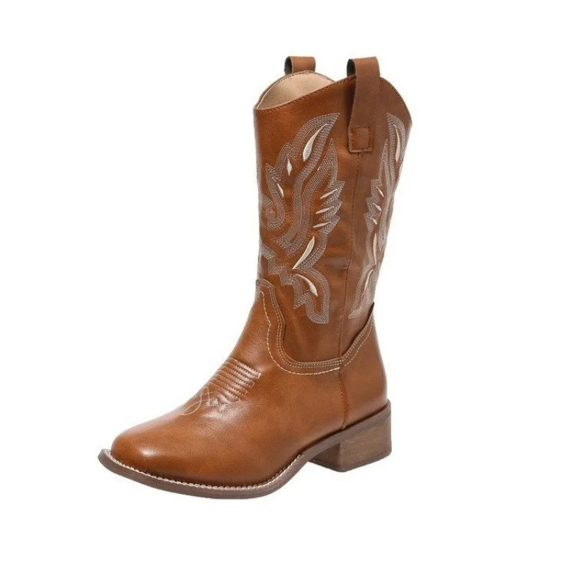 WW | Western Stil Stiefel Damen mit Spitzem Kopf und Blockabsatz, Cowboy Stiefel Damen