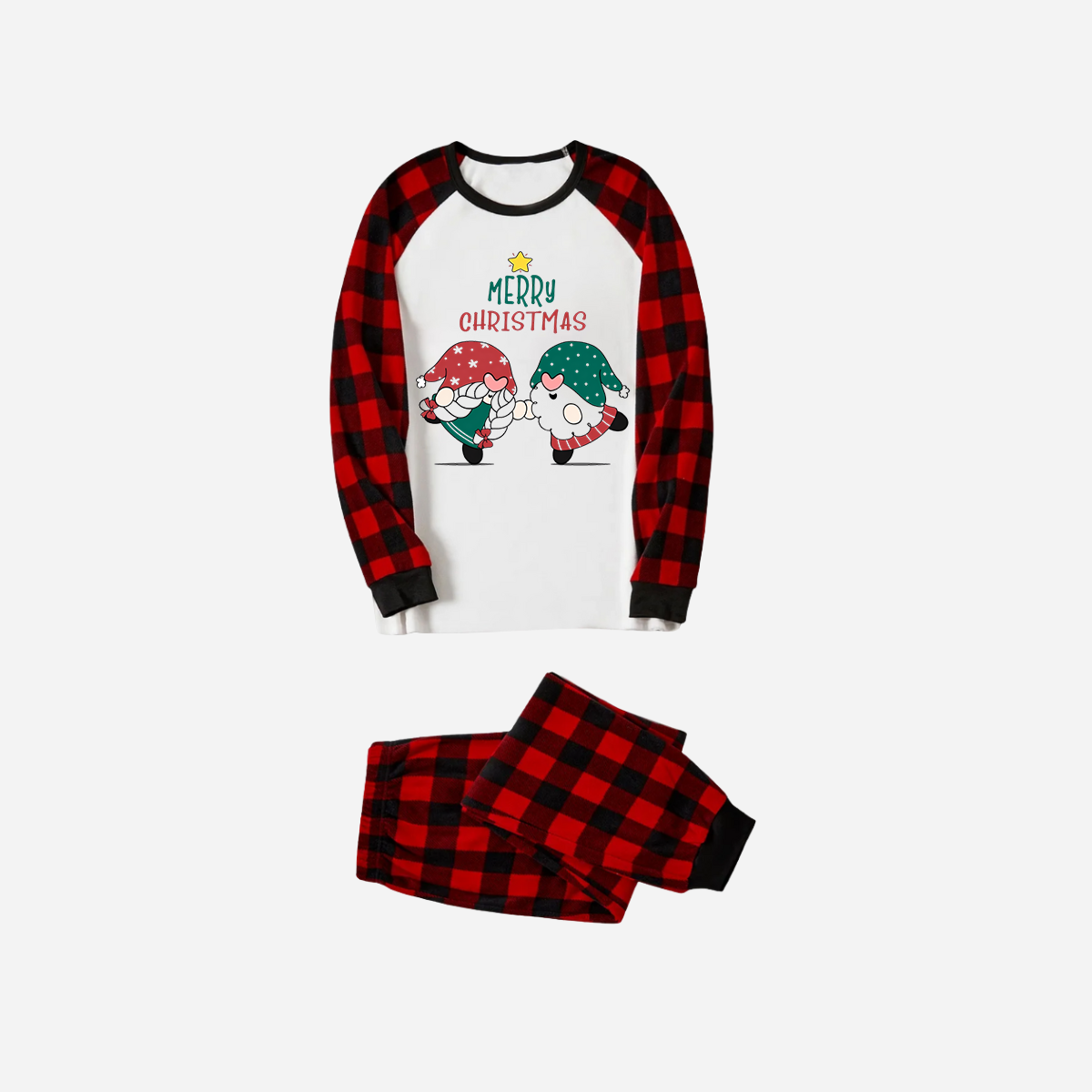 WW | Red and Black Plaid Christmas Pyjama Set with Gnome and Merry Christmas Text Print