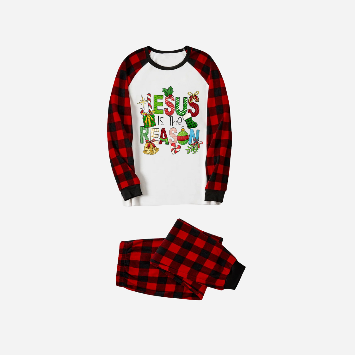 WW | Christmas Cartoon Family Christmas Pajama Set - White Top with Red Plaid Sleeves and Red Plaid Pants and "Jesus is the Reason" Design