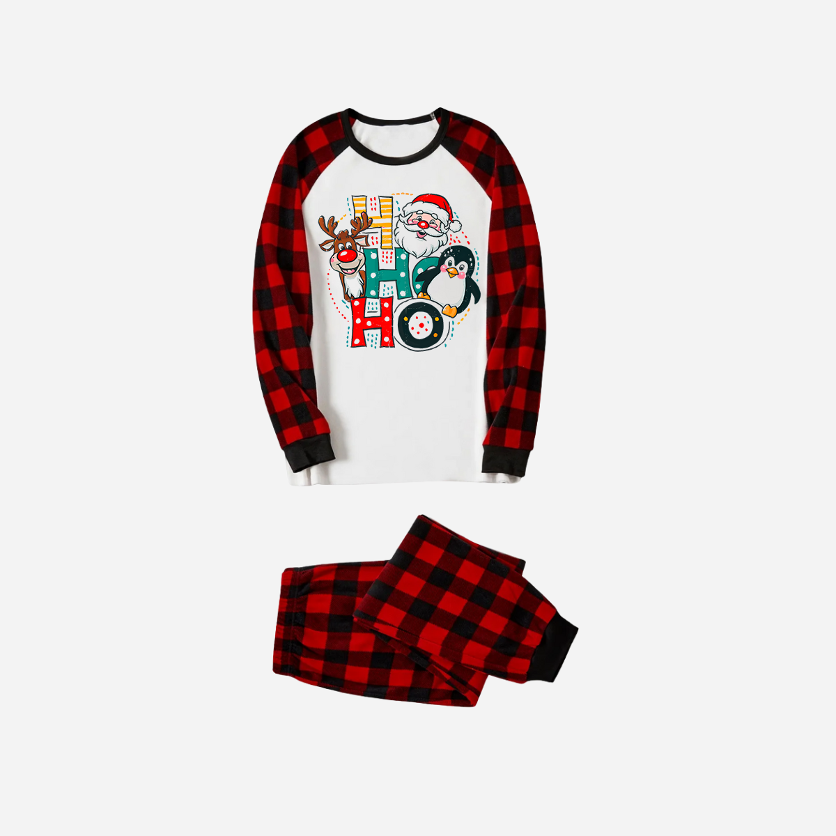 WW | Rote und schwarze karierte Weihnachts-Pyjama-Set mit "HO HO HO" Muster Druck