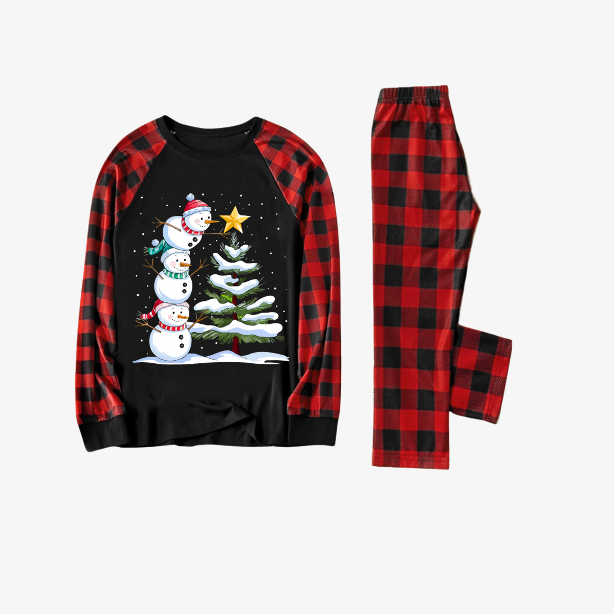 WW | Red and Black Plaid Christmas Pajama Sets with Snowman and Christmas Tree Print