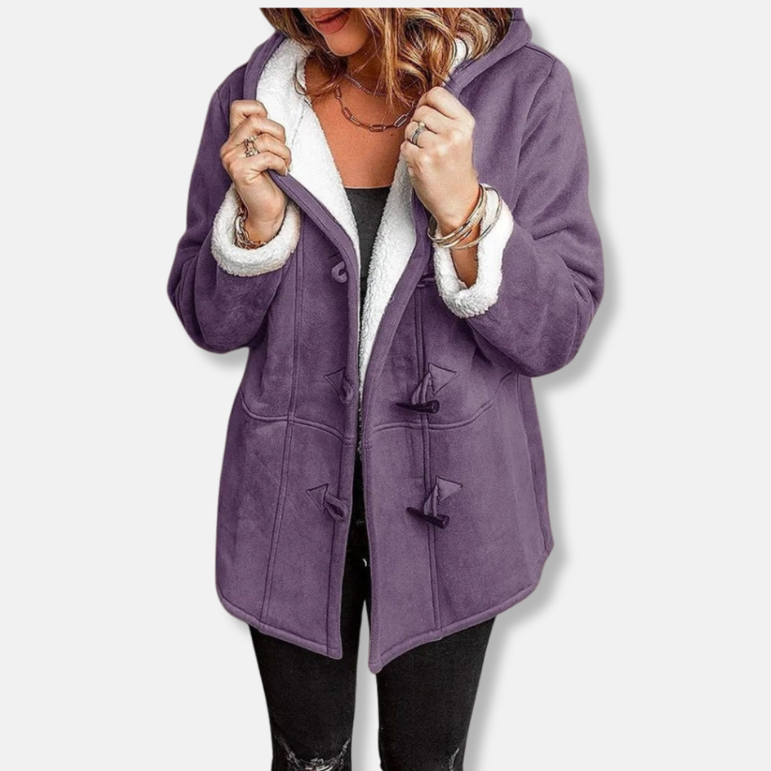 WW | Women's Fleece Jacket – Hood – Plush Lining – Loose Fit – Button Closure – Mid-Length