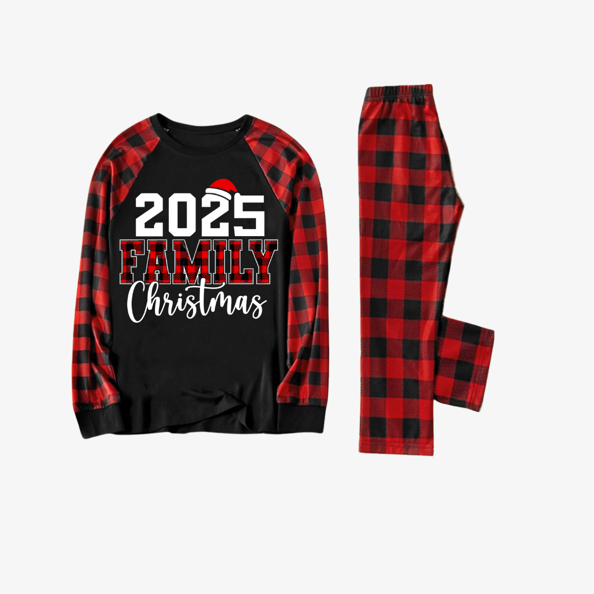WW | "2025 Family Christmas" Text Print Black & Red Plaid Christmas Pajamas Matching