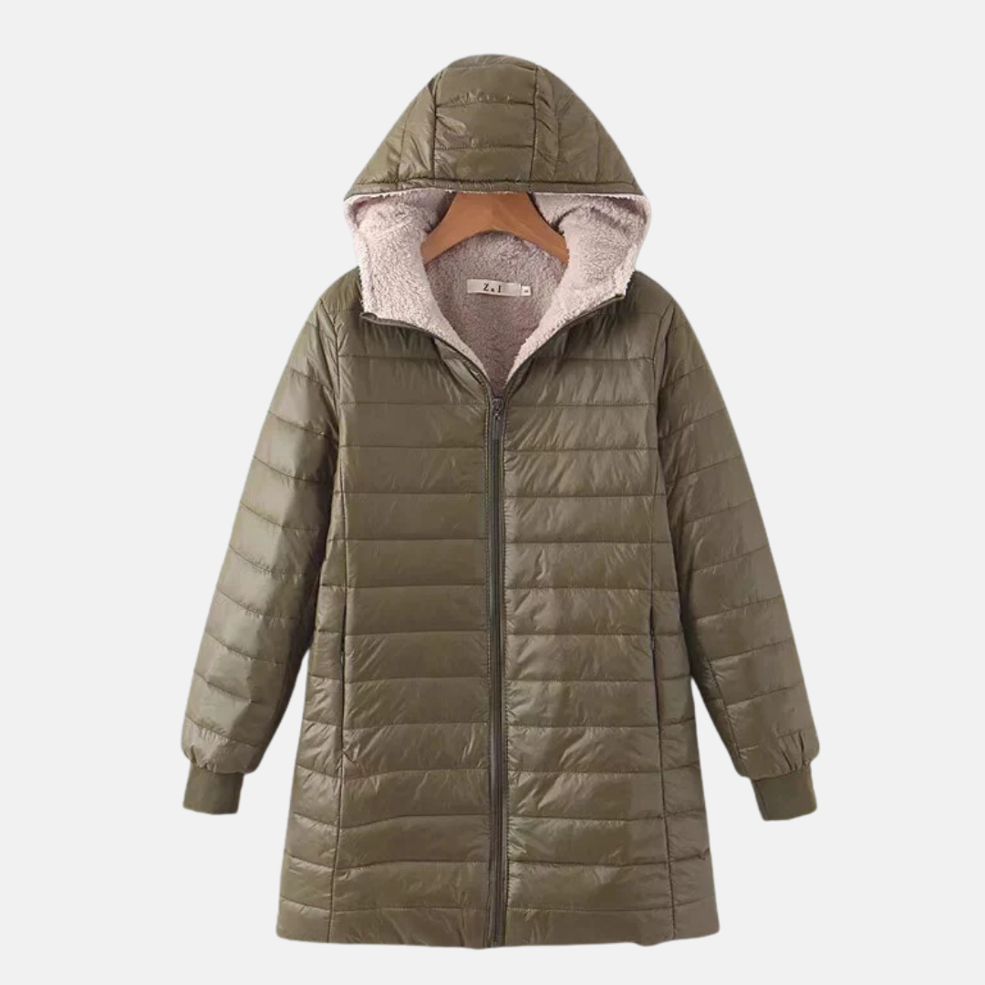 WW | Steppjacke mittellang Kapuze Fleece Futter Reißverschluss Rippbündchen