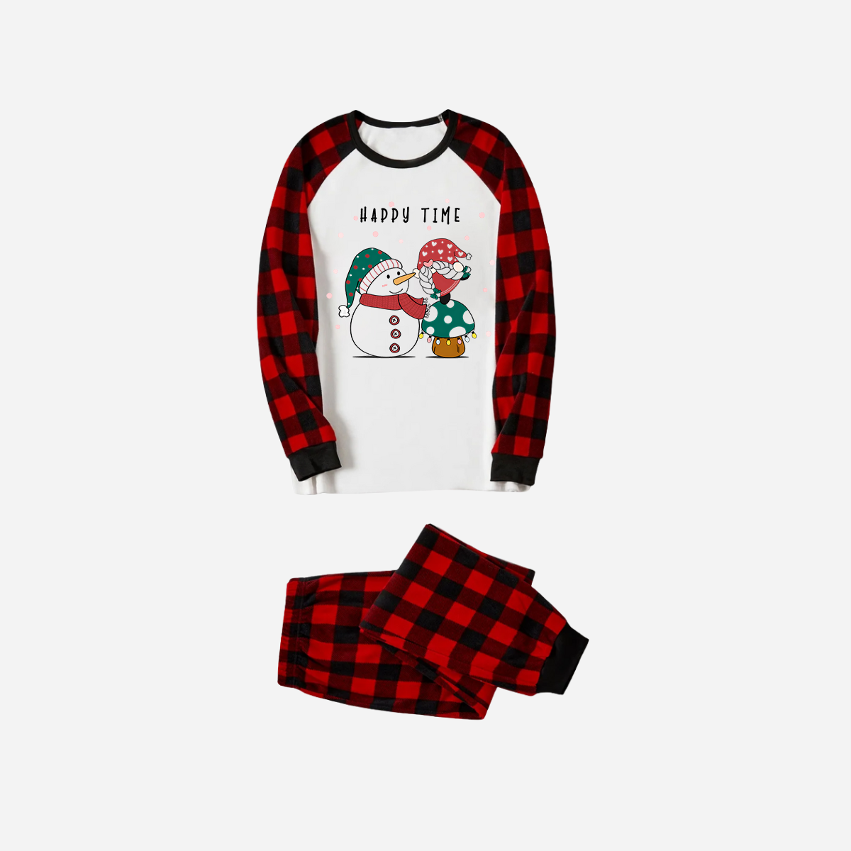 WW | Red and Black Plaid Christmas Pajama Set with Snowman and Gnome and "Happy Time" Text Print