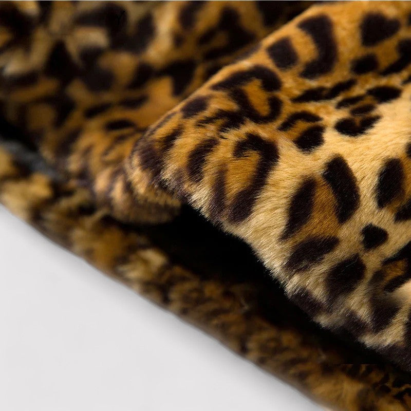WW | Women's Classic Leopard Print Coat | Plush Faux Fur Overcoat | Mid-Length with Lapels