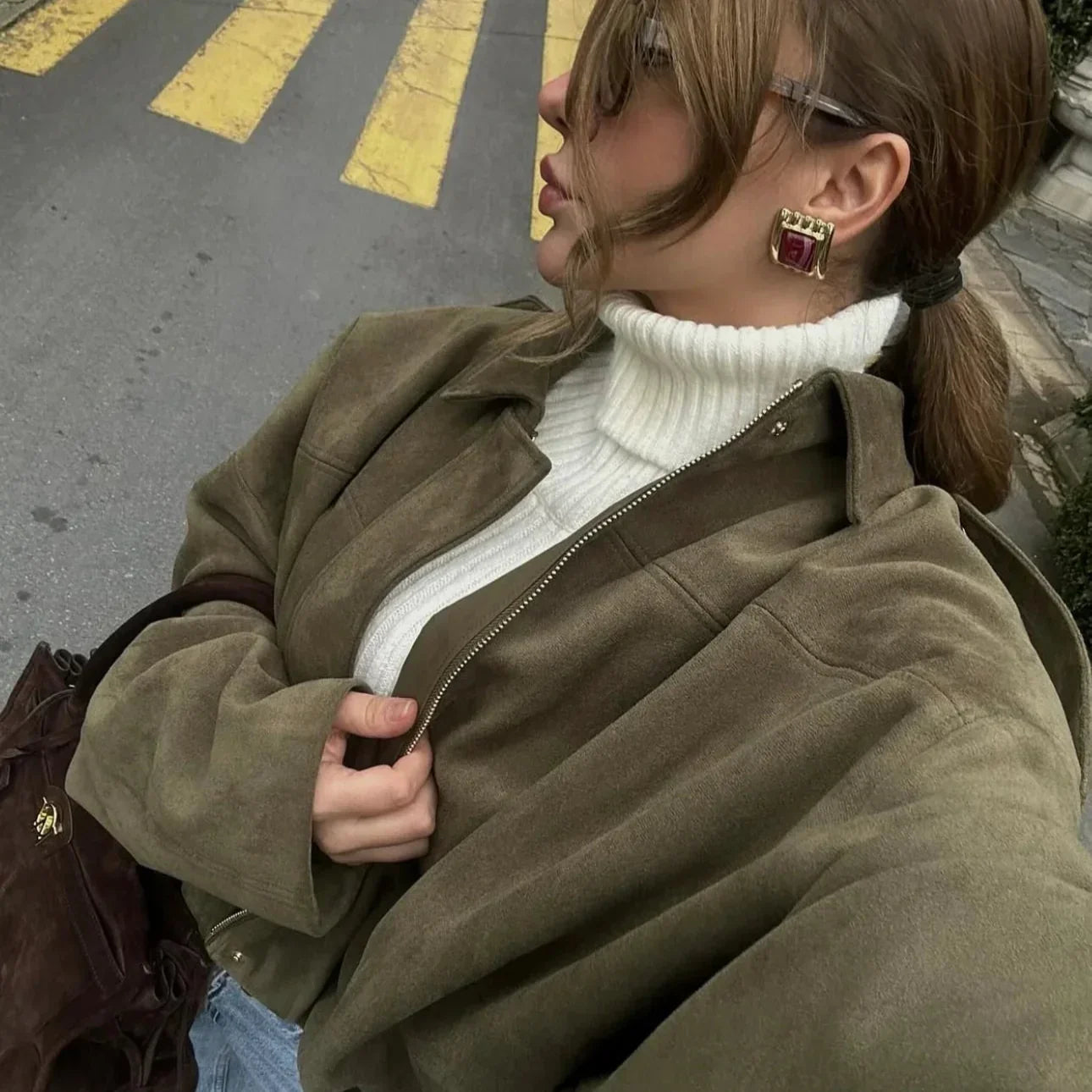 WW | Überdimensional Jacke - Weiche Wildlederoptik - Voll gefüttert - Khaki