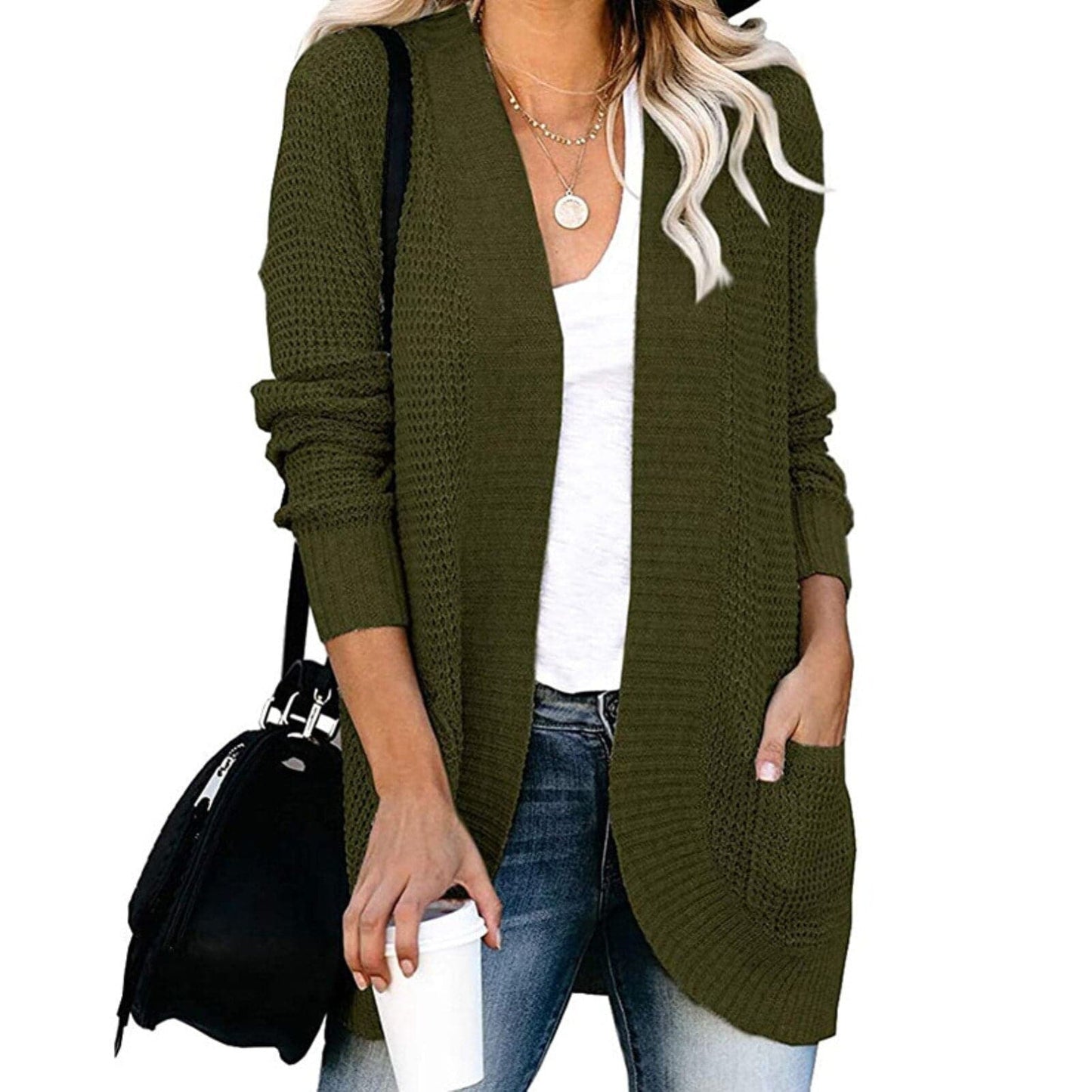 WW | Gestrickter Cardigan - Langärmlig Lockere Passform - Offene Front mit Großen Taschen