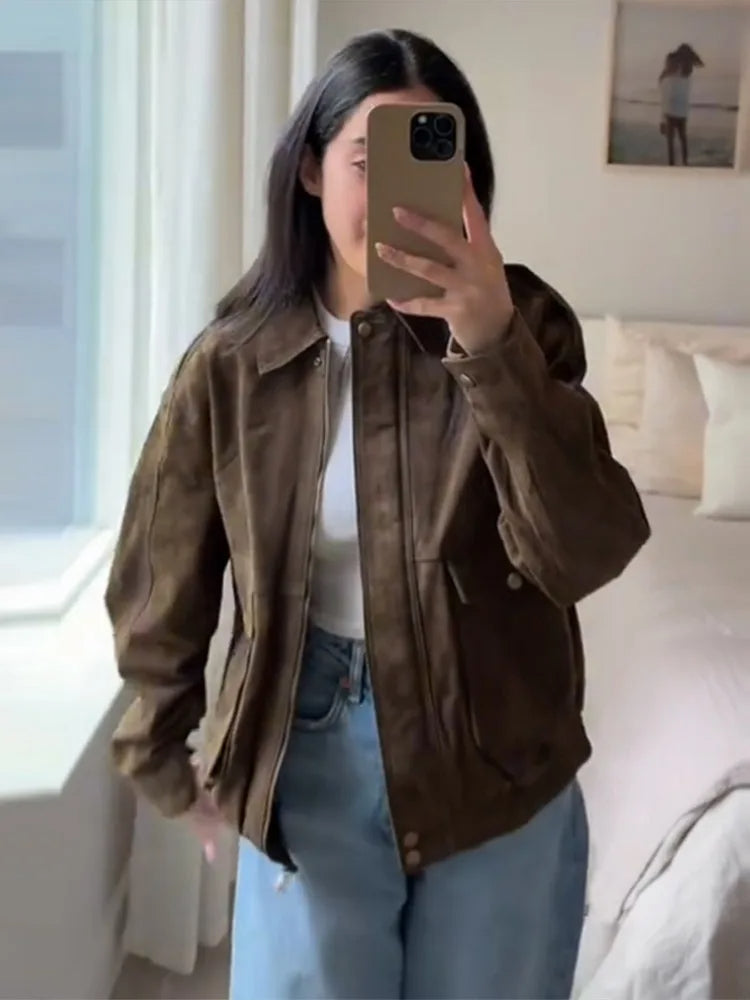 WW | Suede-look jacket with zip and lapel collar