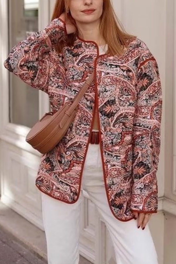 WW | Print Lockere V-Ausschnitt Cardigan Baumwolljacke