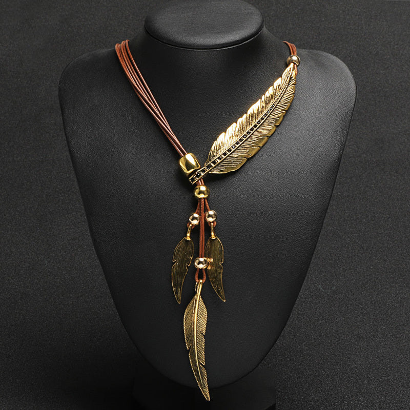 WW | Golden Feather Necklace In Bohemian Style