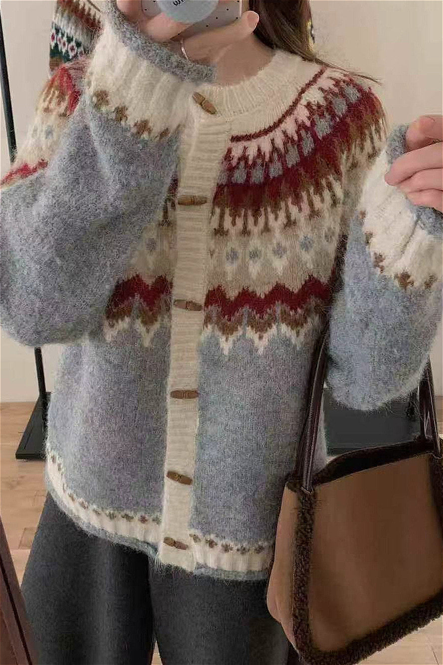 WW | Rundhals Fair Isle Weihnachten Hornknopf Strickjacke