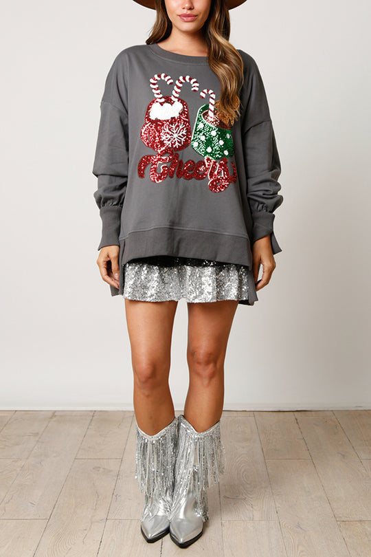 WW | Weihnachts Süßigkeiten Tasse Pailletten Lässiger Lockere Sweatshirt
