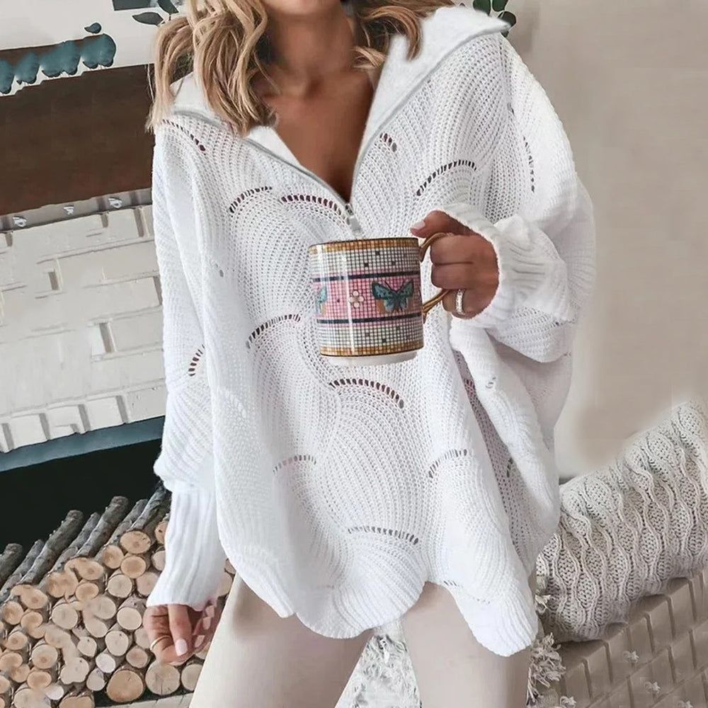 WW | Großer Strickpullover mit V-Ausschnitt und Reißverschluss für Damen