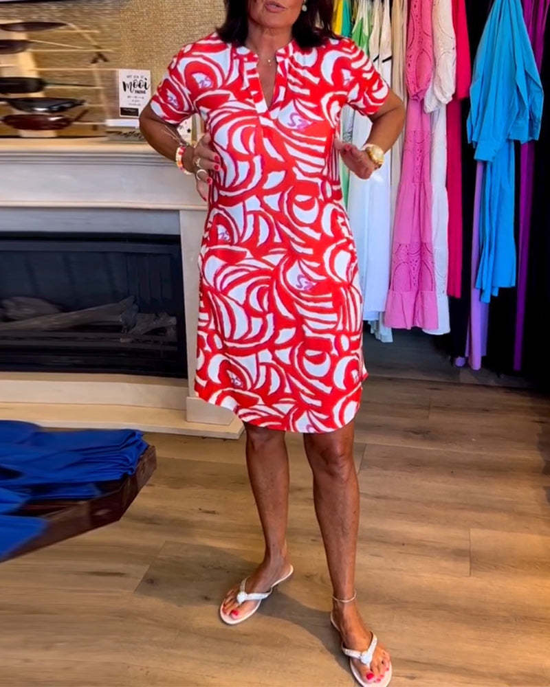 WW | Kurzärmeliges Damenkleid Mit V-ausschnitt Und Print