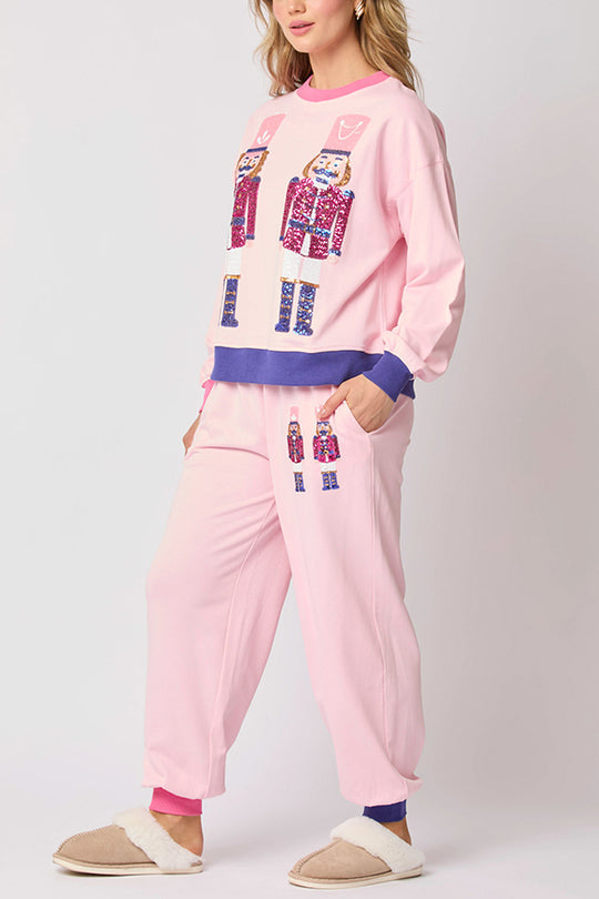 WW | Weihnachtsmann Pailletten Freizeit Sweatshirt und elastische Taillen lockere Taschenhose Set