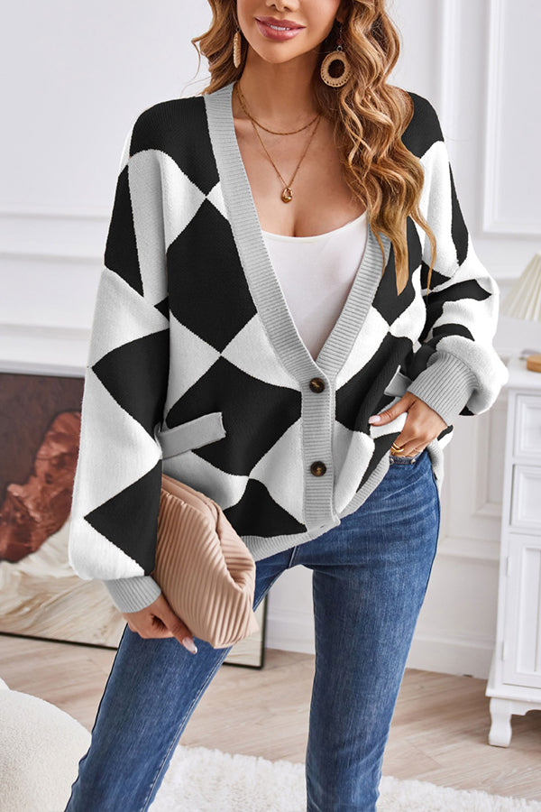 WW | Hals geometrisches Patchwork kontrastierender Strickcardigan lässige lockere Jacke
