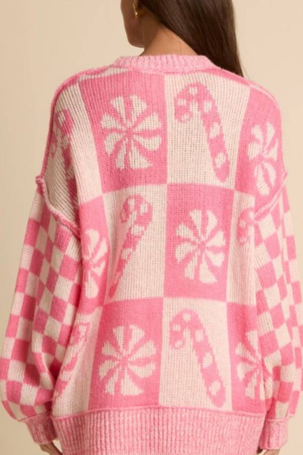 WW | Weihnachts-Schneeflocke Bonbon runder Hals langer Ärmel loser gestrickter Pullover