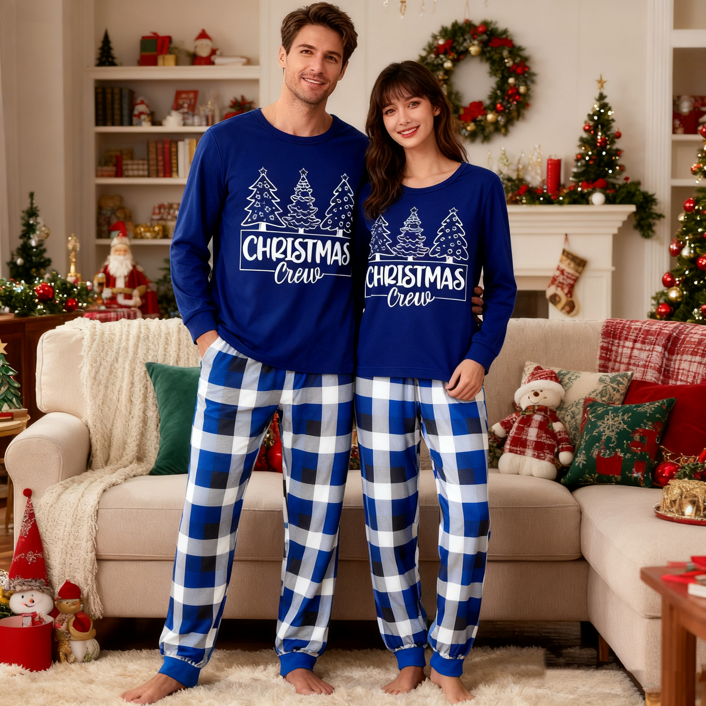 WW | "Christmas Crew" und Bäume Blau Lange Ärmel mit Blau Karierte Paar passende Pyjamas