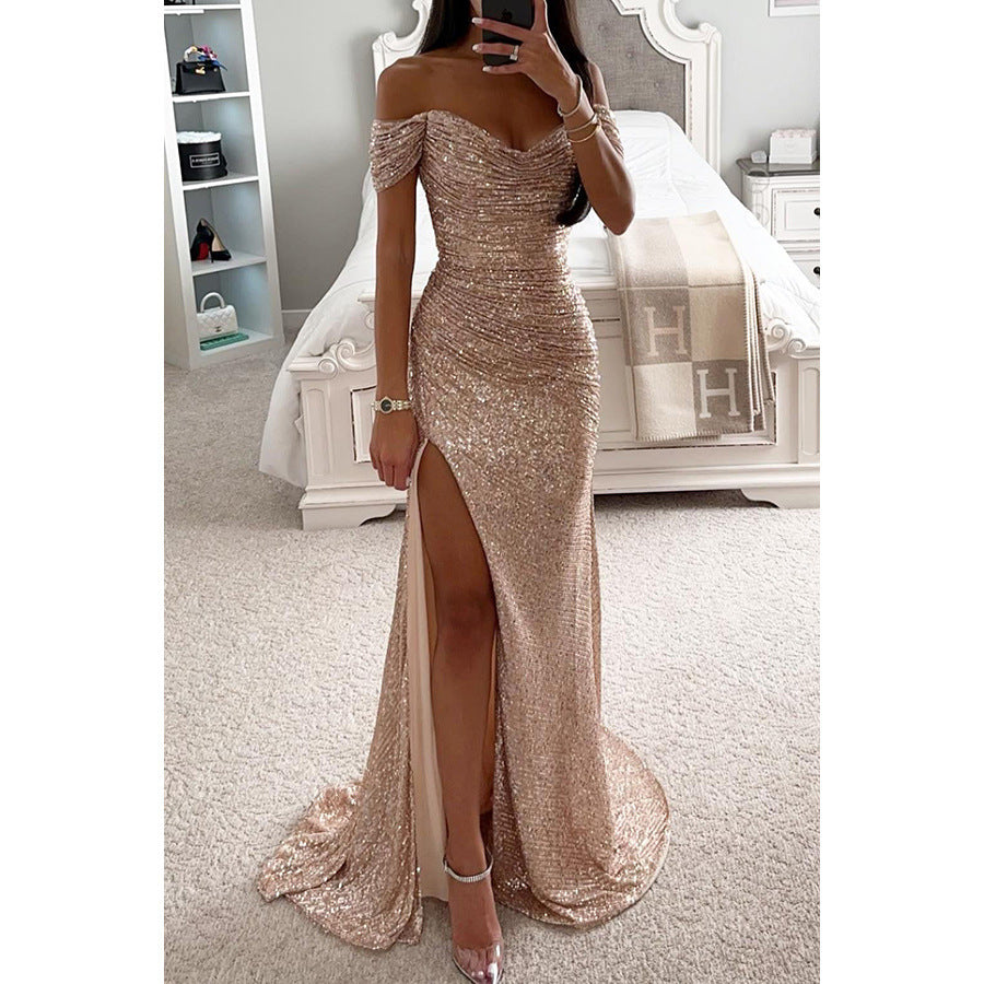 WW | Off-Shoulder Sequin Evening Dress Elegant Party Dress with Slit and Bodycon Fit for Festive Occasions