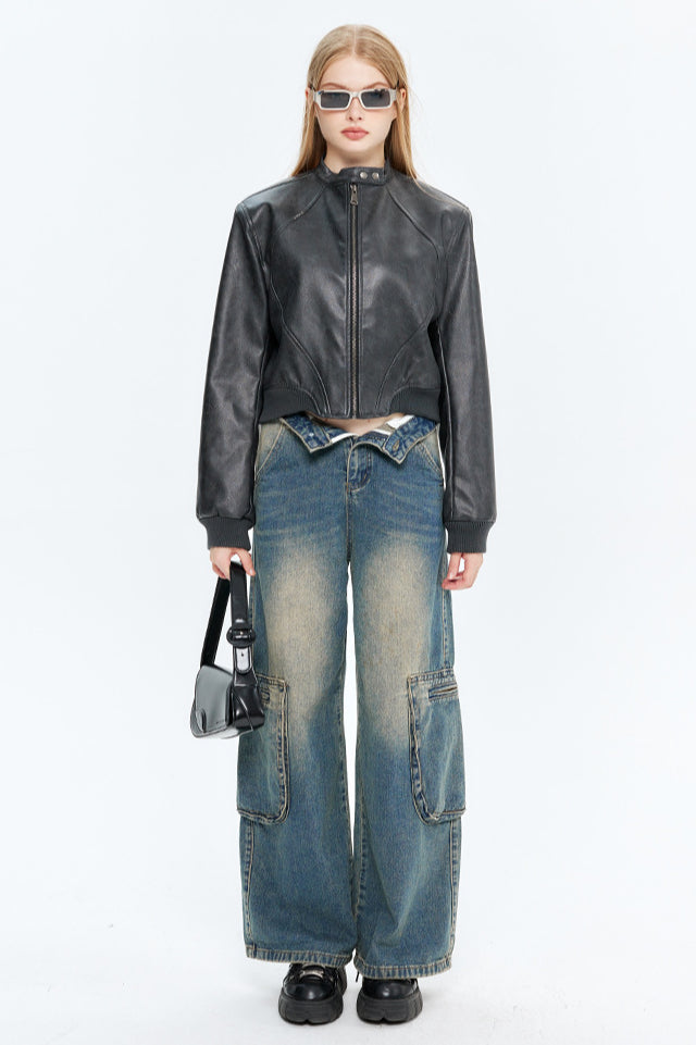 WW | Leder Zip-Up Bomberjacke