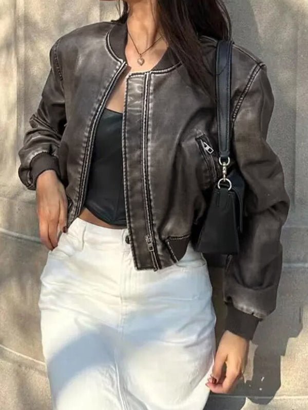 WW | Einfarbige Leder Bomberjacke