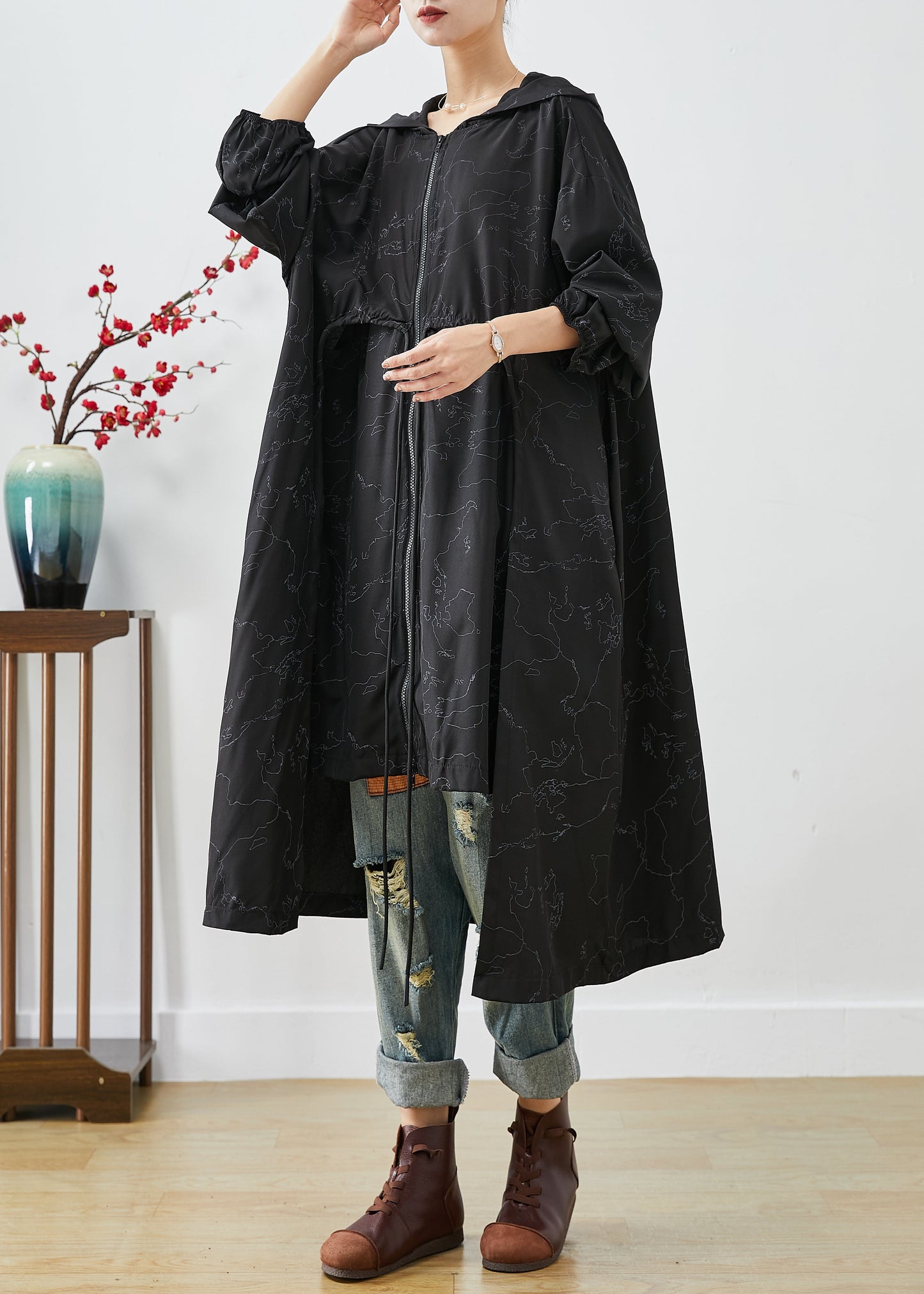 WW | Black Asymmetrical Oversized Print Hooded Trench Coats