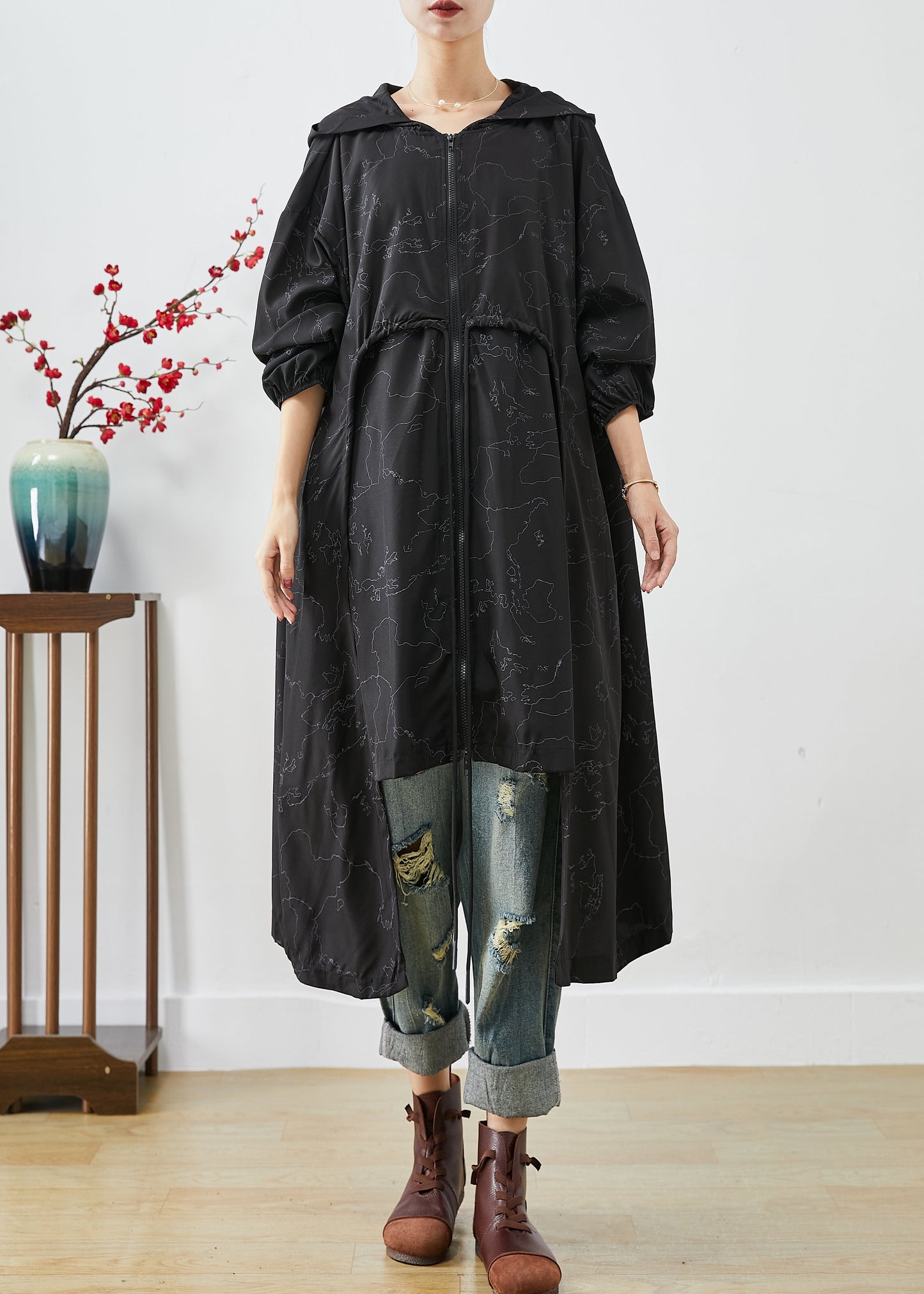 WW | Black Asymmetrical Oversized Print Hooded Trench Coats