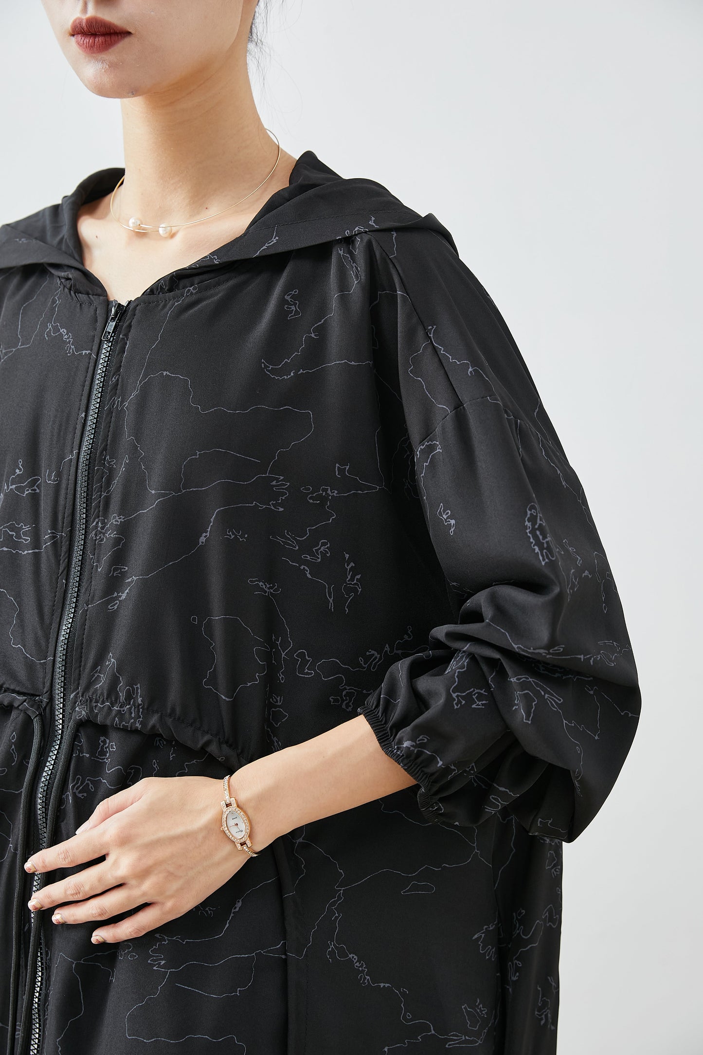 WW | Black Asymmetrical Oversized Print Hooded Trench Coats