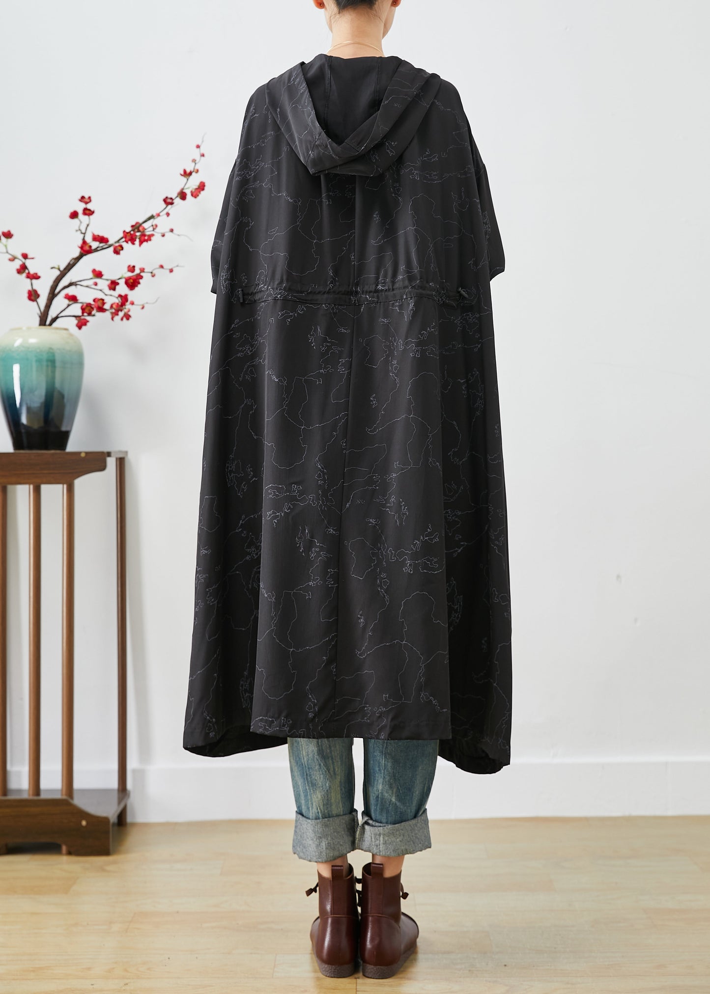 WW | Black Asymmetrical Oversized Print Hooded Trench Coats