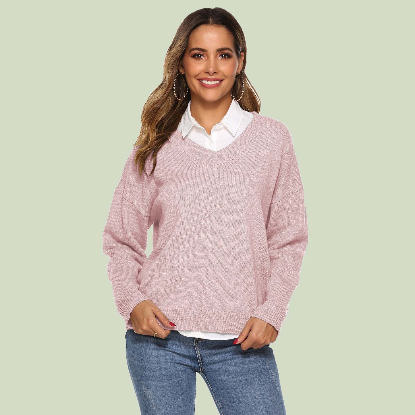 WW | Strickpullover V-Ausschnitt Relaxed Fit Lange Ärmel Weich Und Bequem