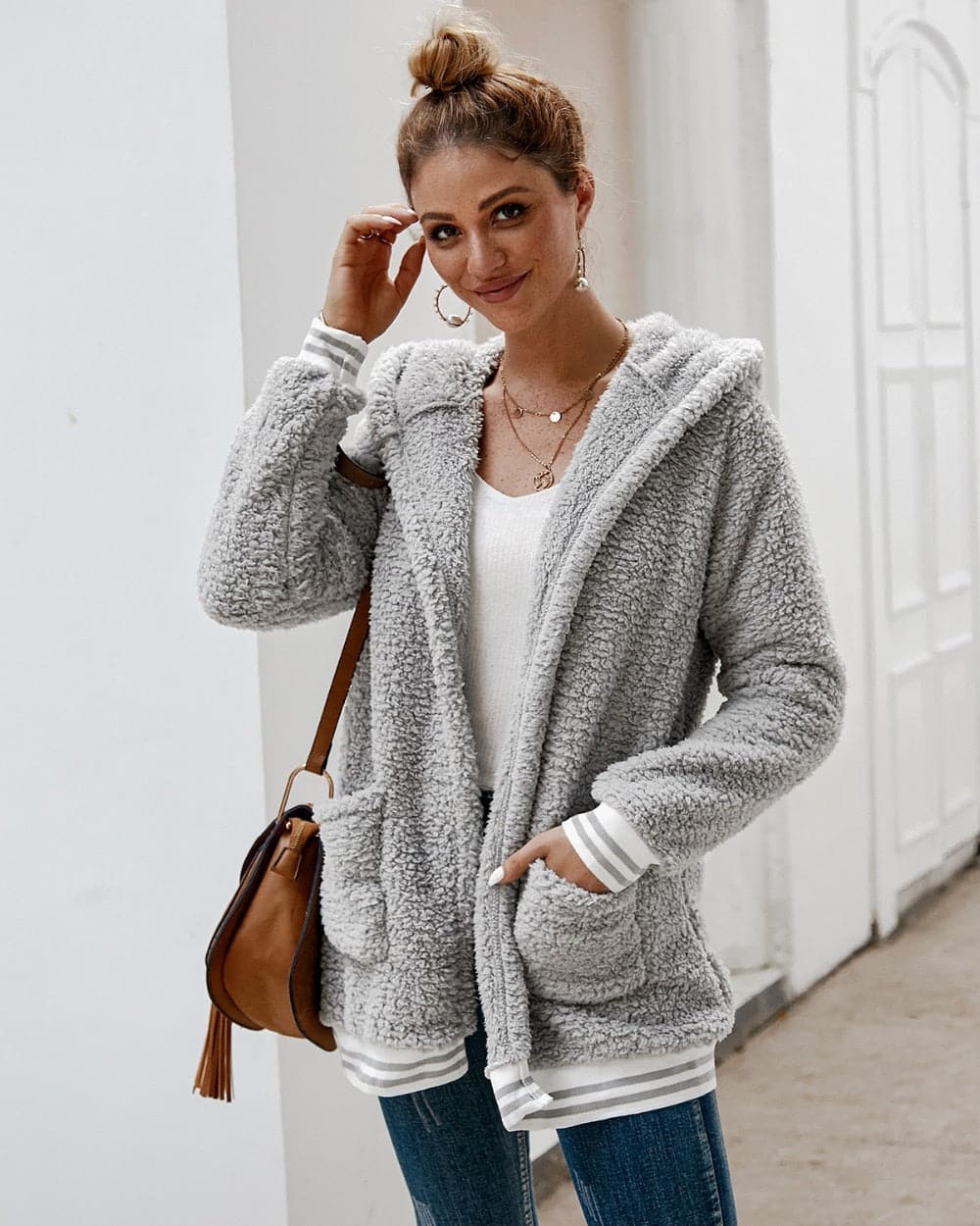 WW | Fleecejacke Übergroß Sherpa Kapuze Und Große Taschen Weich Und Warm