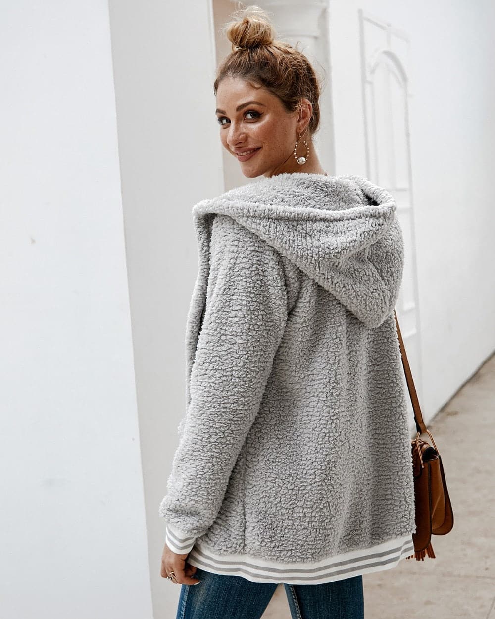 WW | Fleecejacke Übergroß Sherpa Kapuze Und Große Taschen Weich Und Warm
