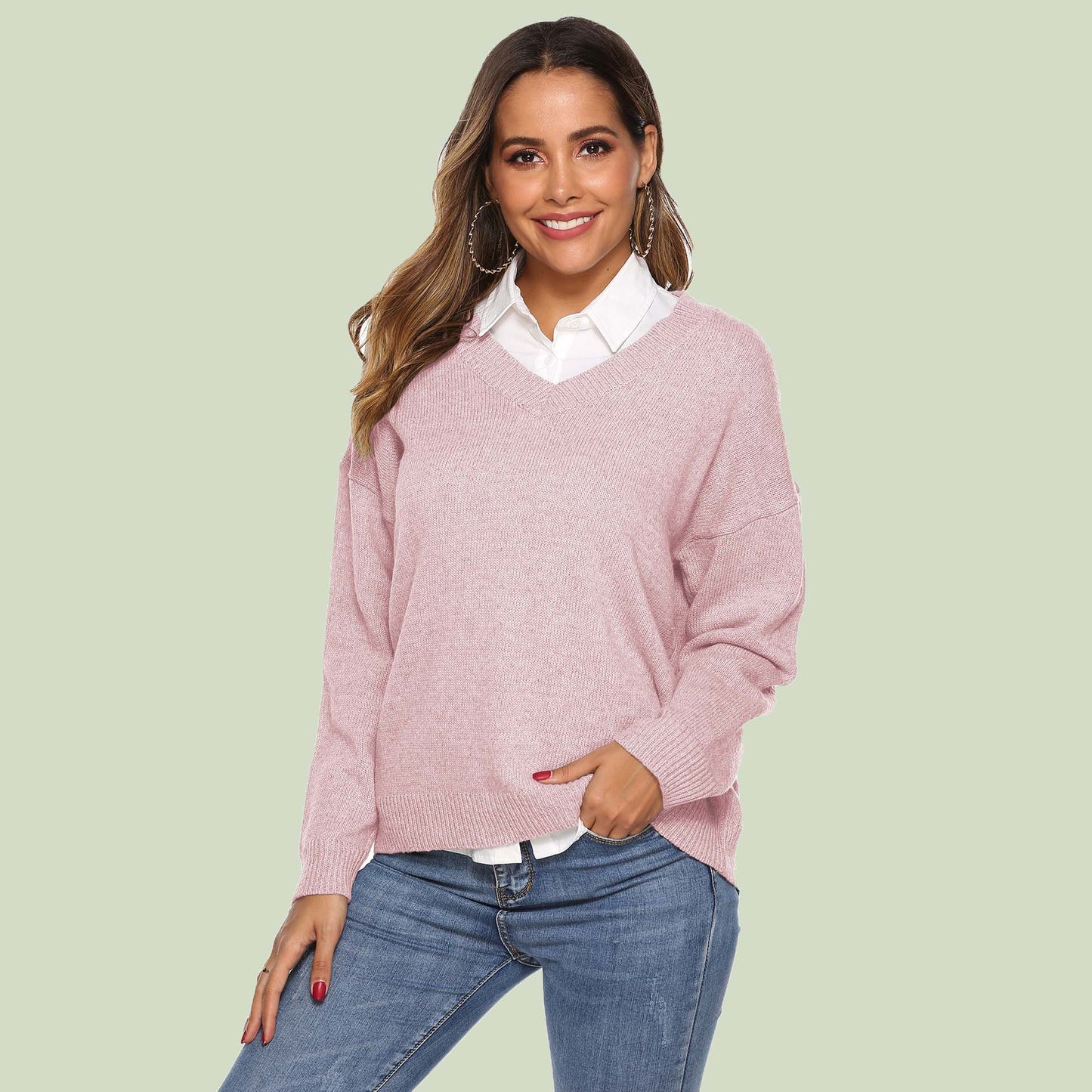 WW | Strickpullover - V-Ausschnitt - Lockere Passform - Lange Ärmel - Weich und Bequem