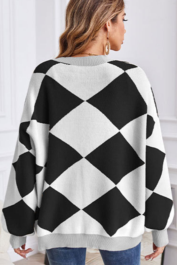 WW | Hals geometrisches Patchwork kontrastierender Strickcardigan lässige lockere Jacke